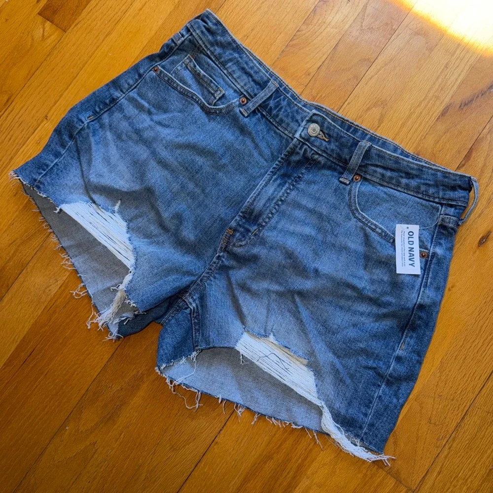 NEW‎ Old Navy OG Straight High-Rise Distressed Denim Shorts Stretch Blue Size 14